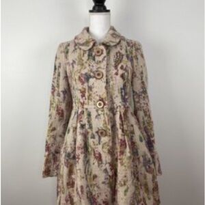 Anthropologie watercolor floral wool peplum button down pea coat 8/10 petite